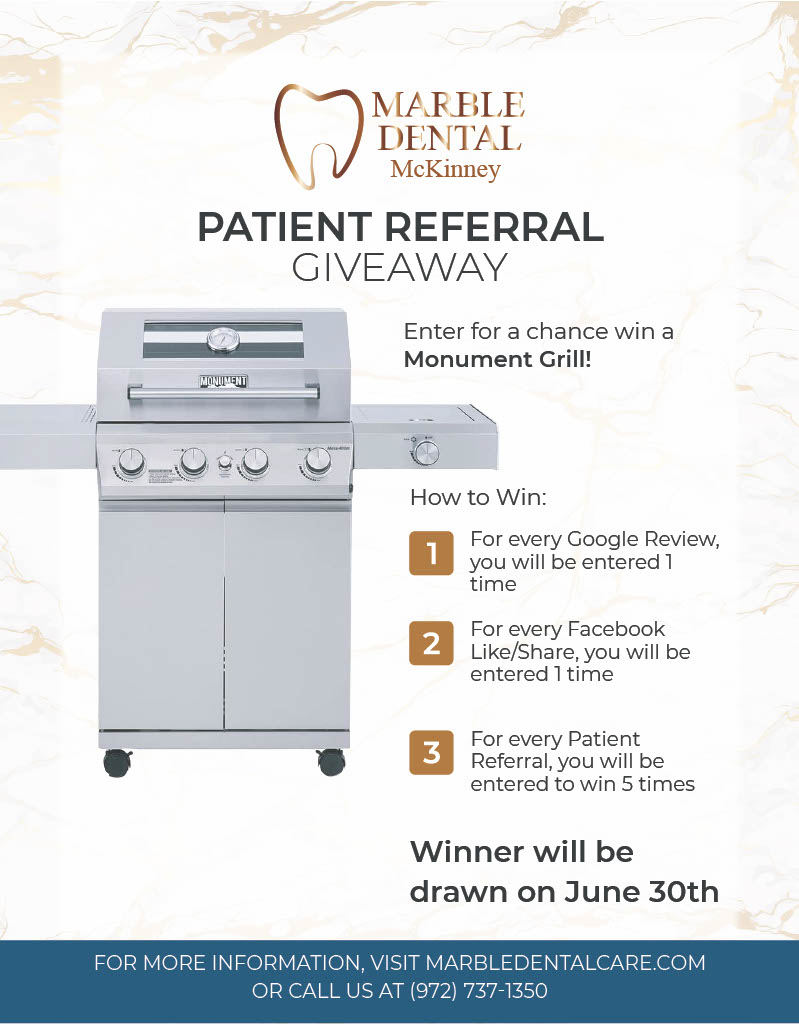 Flyer for patient referral contest from Marble Dental McKinney
