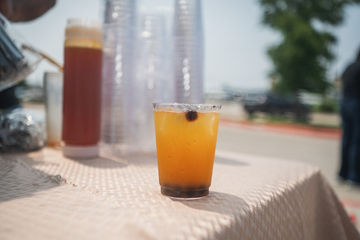 Close-up of glass of juice on table