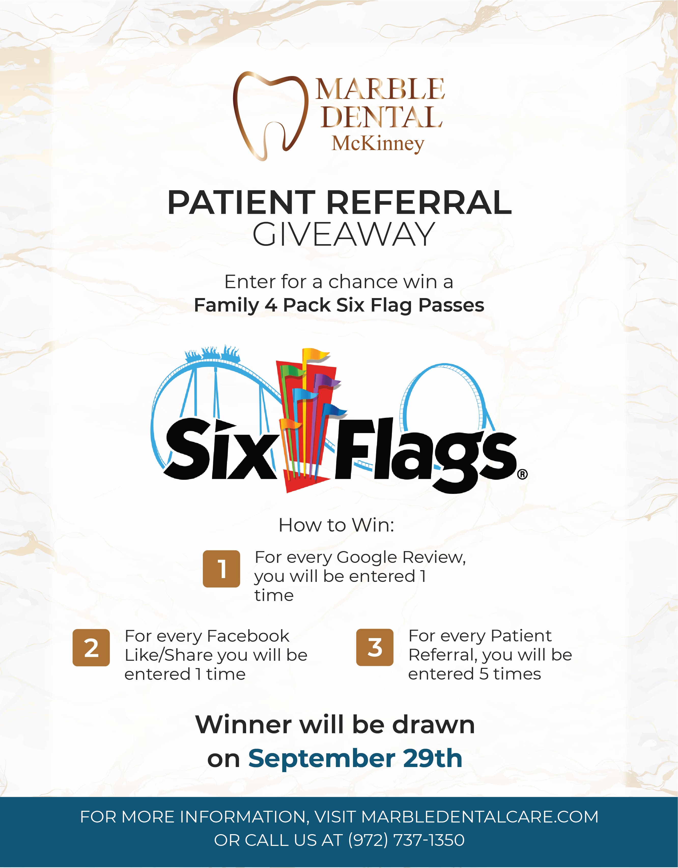 Flyer for Marble Dental McKinney patient referral giveaway for Six Flags tickets