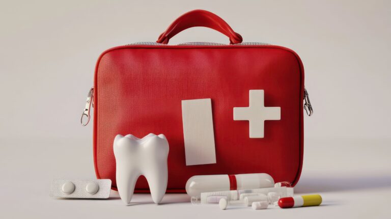 Red emergency kit behind large model tooth and large faux pills