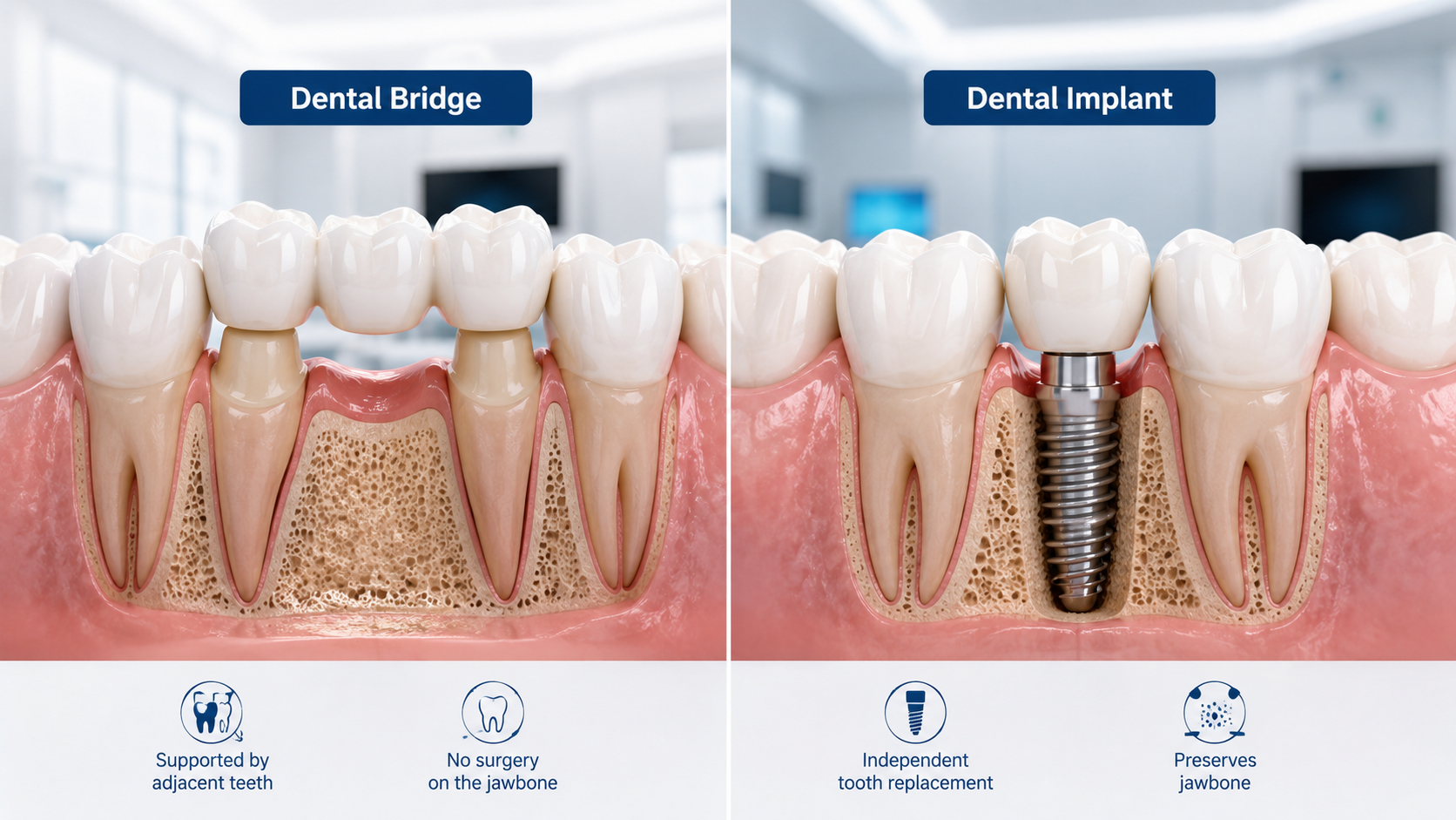 Comparison of a traditional dental bridge and a dental implant showing differences in cost, support structure, and tooth replacement options.