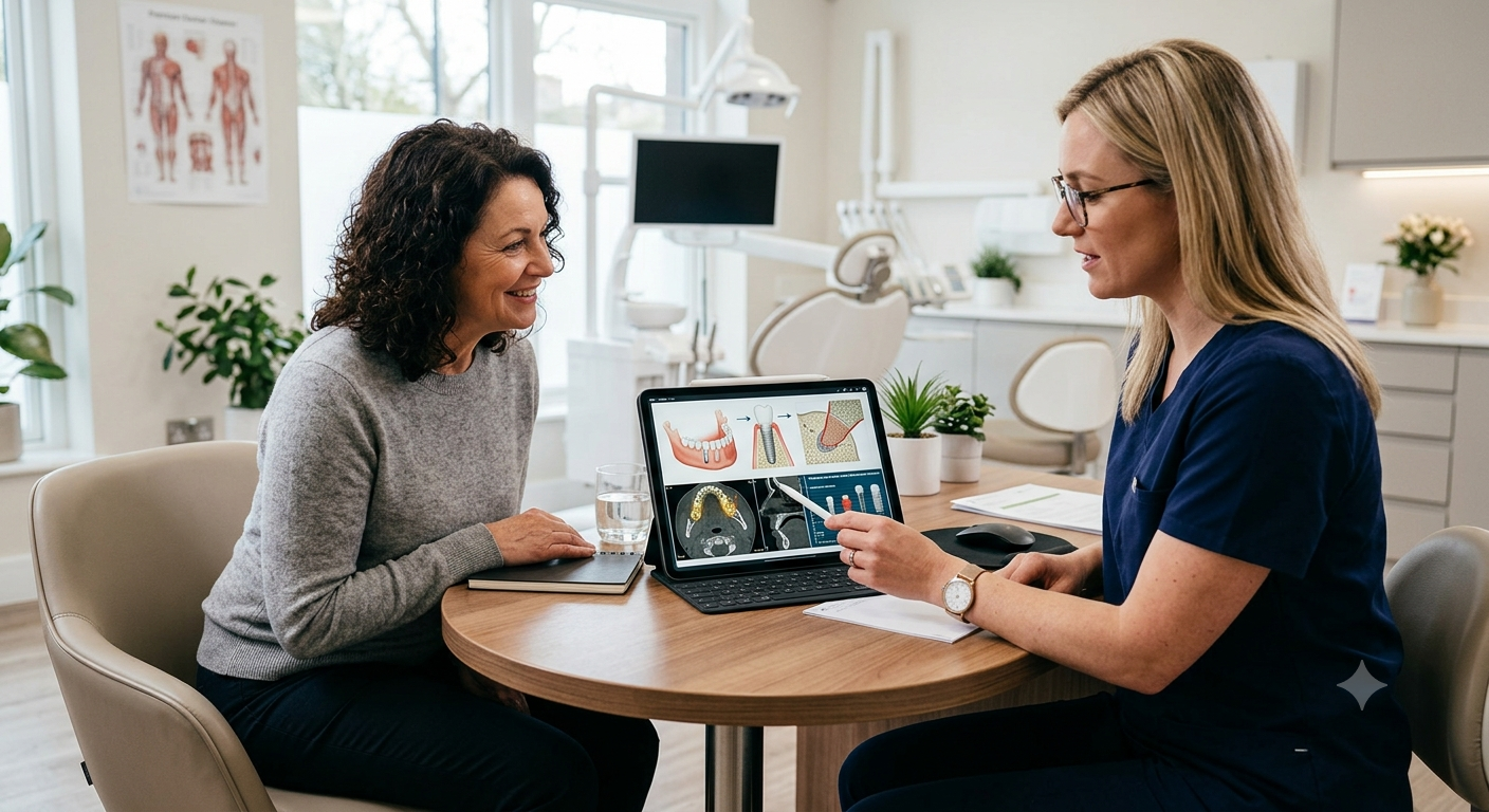 Dentist explaining dental implant pricing factors to patient