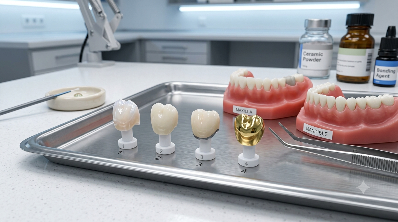 Different types of dental crown materials displayed together.
