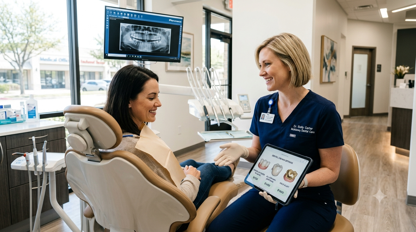 Dentist discussing dental crown cost with a patient in McKinney, Texas.
