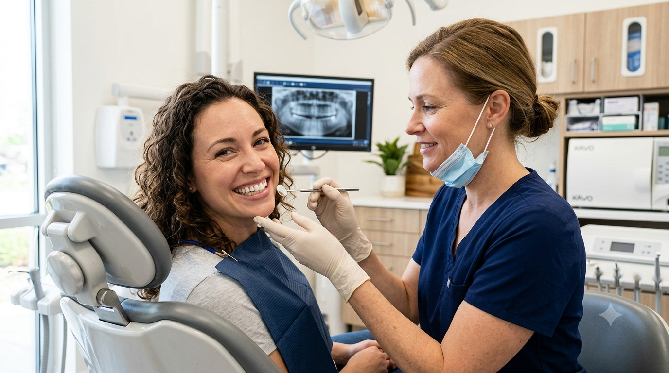 Patient smiling after receiving a dental crown restoration.
