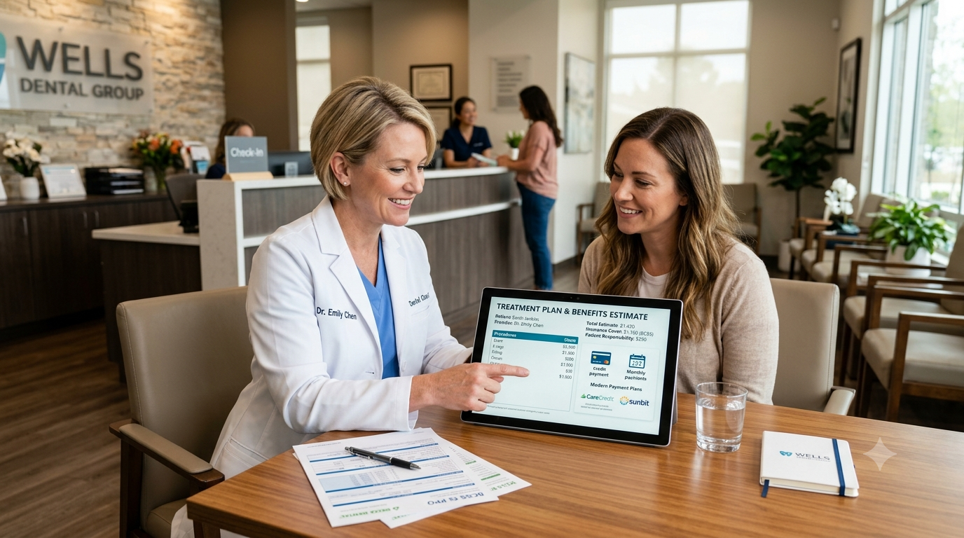 Dentist explaining insurance coverage for dental crowns.