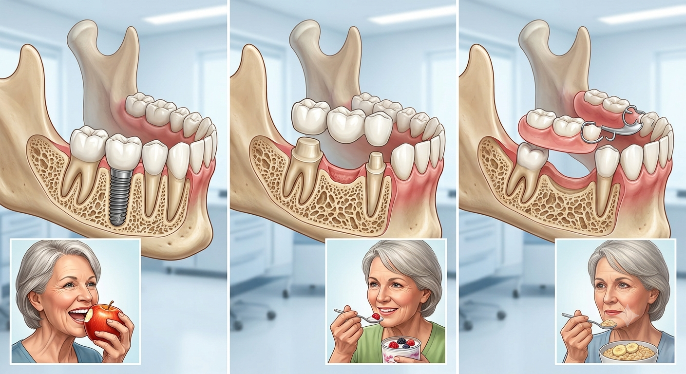 Comparison showing advantages of dental implants over dentures and bridges