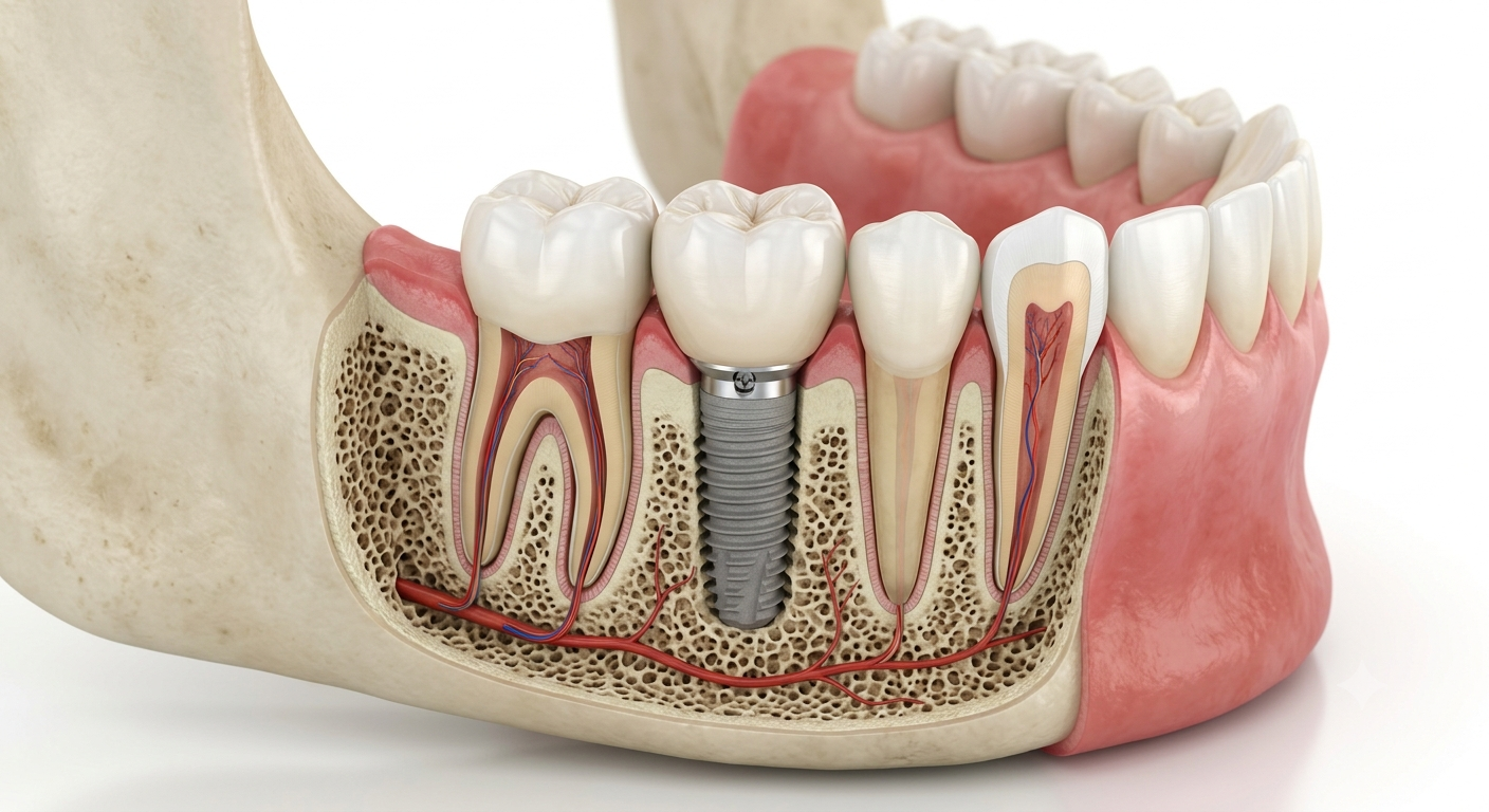 3D view of a single dental implant with crown and titanium post