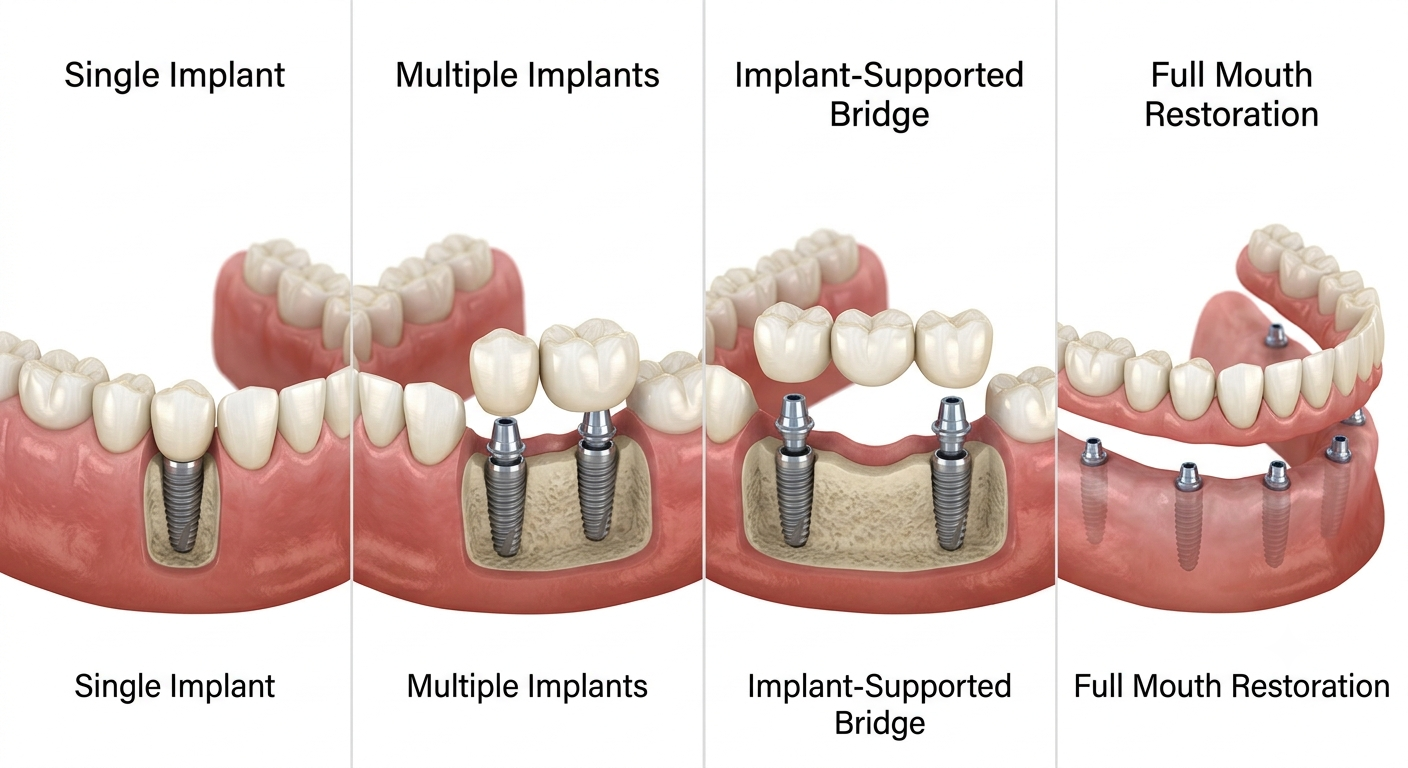 Different dental implant treatment options for replacing missing teeth